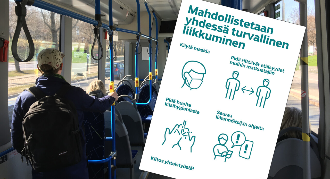 Sisäkuva bussista. Päällä juliste: Mahdollistetaan yhdessä turvallinen liikkuminen. Käytä maskia. Pidä huolta käsihygieniasta.  Pidä riittävät etäisyydet muihin matkustajiin. Seuraa liikennöitsijän ohjeita  Kiitos yhteistyöstä!